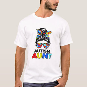 Womens Autism Aunt Messy Bun Autism Awareness Aunt T-Shirt