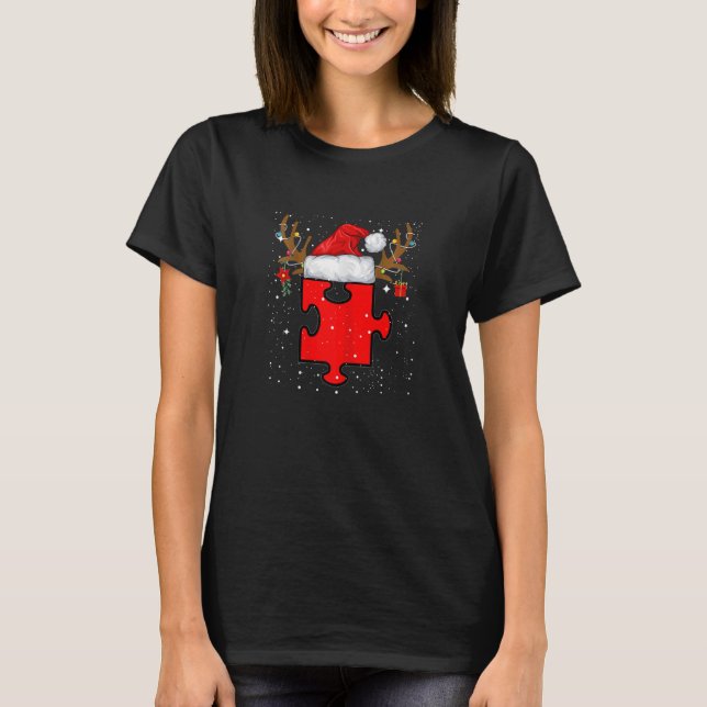 Womens Autism Puzzle Reindeer Santa Hat Christmas  T-Shirt (Front)