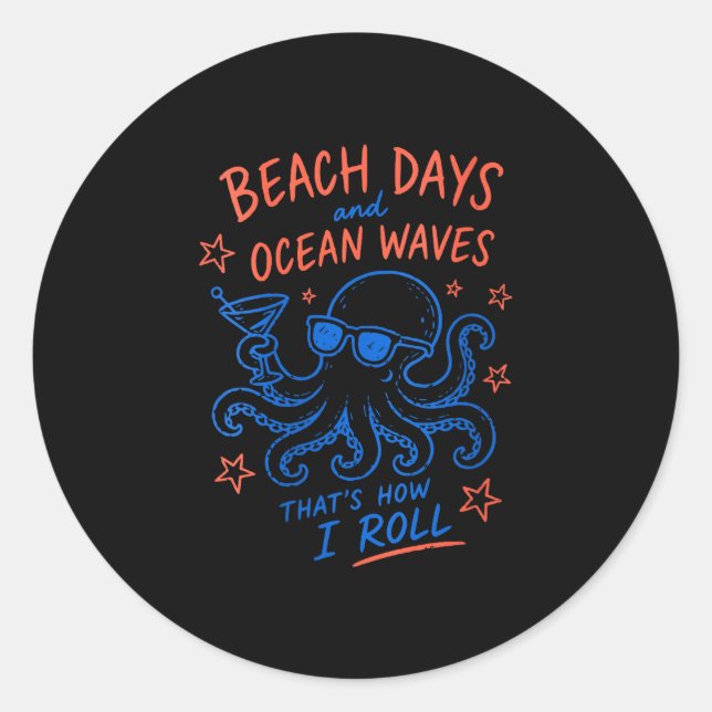 Women's beach days coastal wave funny sea creature classic round sticker (Front)