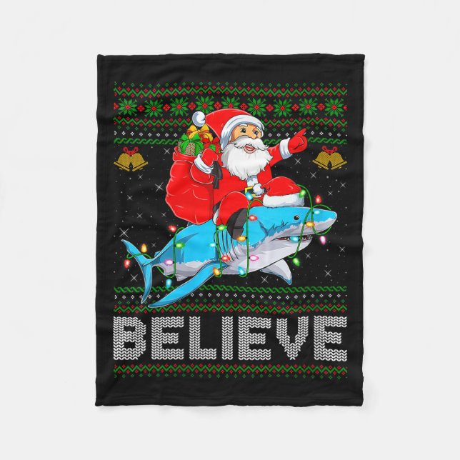 Womens Believe Xmas Funny Santa Riding Shark Ugly  Fleece Blanket (Front)