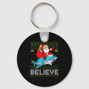 Womens Believe Xmas Funny Santa Riding Shark Ugly Key Ring