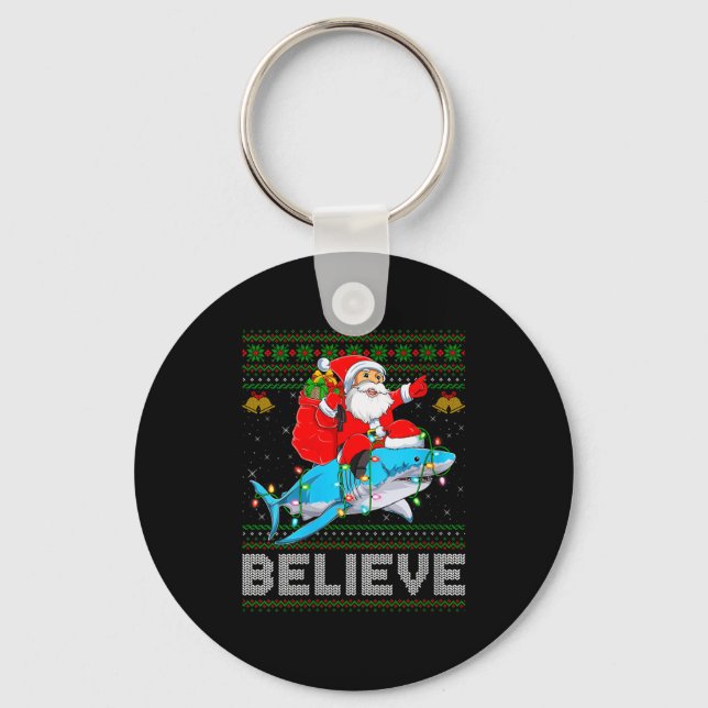 Womens Believe Xmas Funny Santa Riding Shark Ugly  Key Ring (Front)