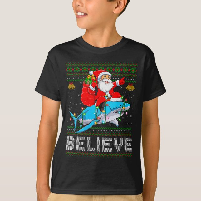 Womens Believe Xmas Funny Santa Riding Shark Ugly  T-Shirt (Front)