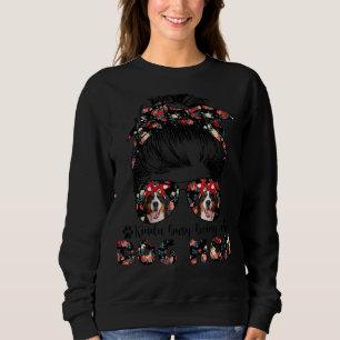 Womens Bernese Mountain Dog Mum Messy Bun Hair Gla Sweatshirt