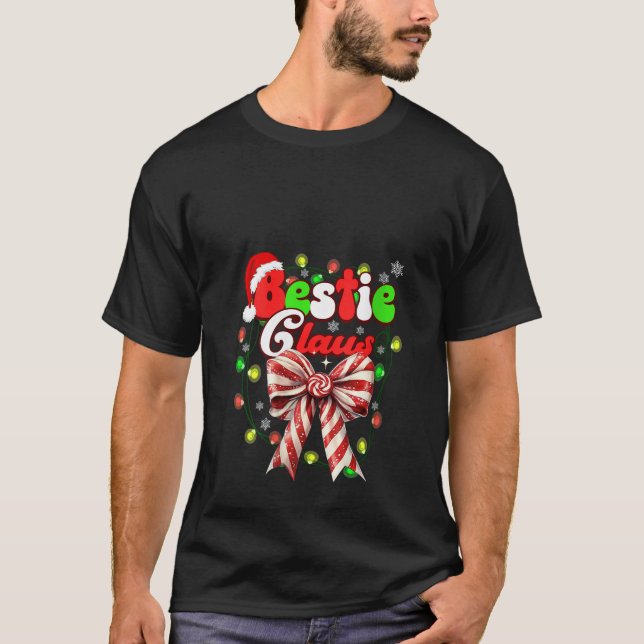 Womens Bestie Claus Coquette Bow Candy Cane Santa  T-Shirt (Front)