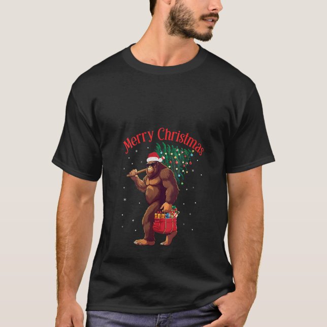 Womens Bigfoot Merry Christmas Tree Lights Sasquat T-Shirt (Front)