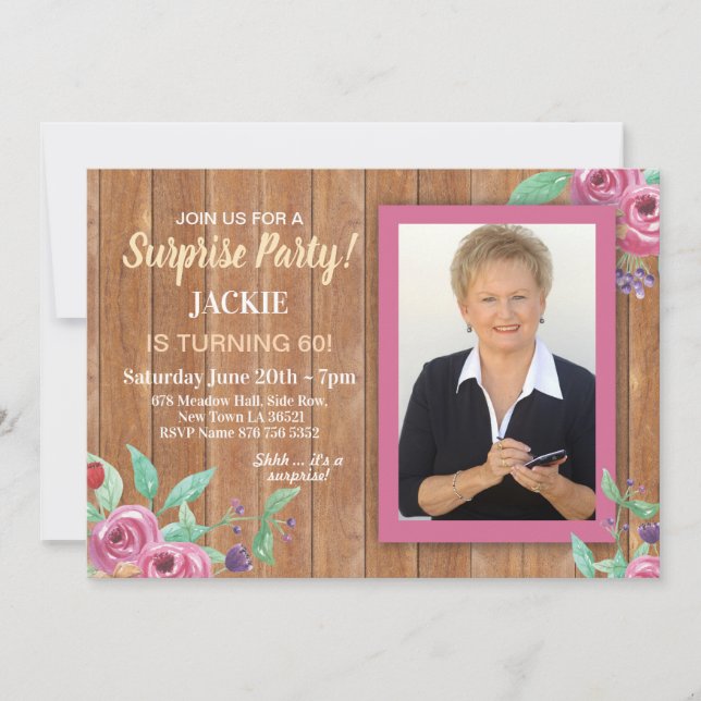 Women's Birthday Party Photo Flowers Wood Invite (Front)