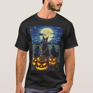 Womens Black Cat Dog Chicken Halloween Pumpkin T-Shirt