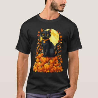 Womens Black Cat Pumpkin Halloween Fall Autumn T-Shirt