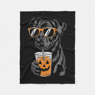 Womens Black Dog With Pumpkin Drink Sungles Fleece Blanket