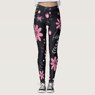  Women's Black Leggings with Pink Floral Print -