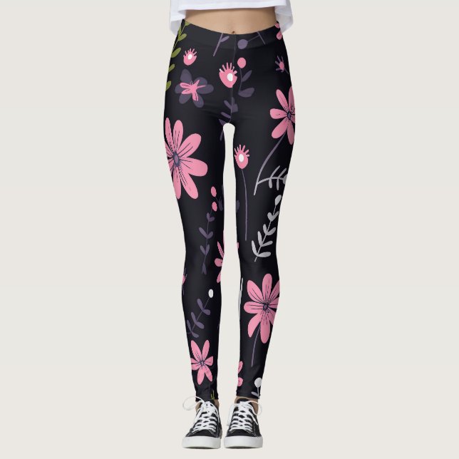  Women's Black Leggings with Pink Floral Print - (Front)