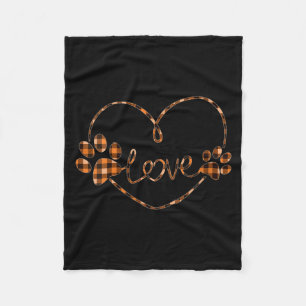 Womens Black Orange Plaid Dog Paw Heart Love Fleece Blanket