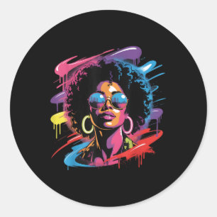 Womens Black Queen Afro Melanin Paint Dripping Jun Classic Round Sticker