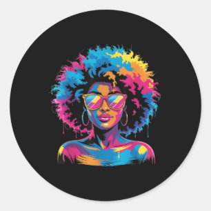 Womens Black Queen Afro Melanin Paint Dripping Jun Classic Round Sticker