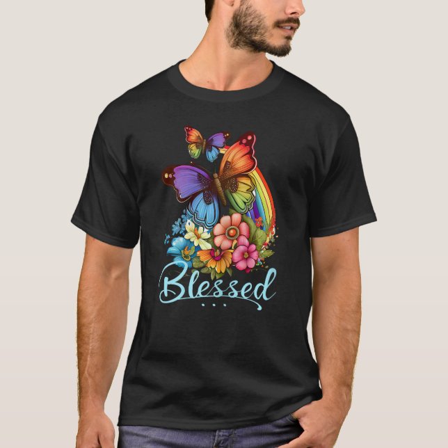 Womens Blessed Christian Butterfly Pretty Floral R T-Shirt (Front)