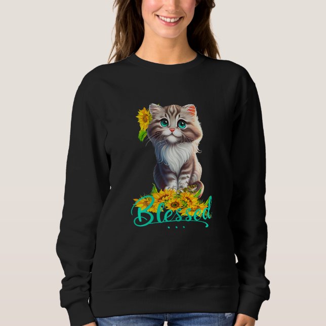 Womens Blessed Cute Tabby Kitty With Sunflowers Ch Sweatshirt (Front)
