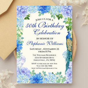 Women's Blue Floral Border 50th Birthday Party Invitation