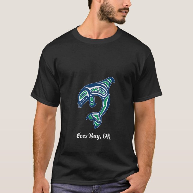 Womens Blue Green Native American Coos Bay OR Orca T-Shirt (Front)