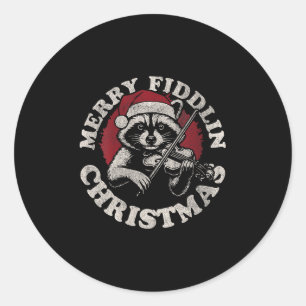 Womens Bluegr Holiday Raccoon Merry Fidding Christ Classic Round Sticker