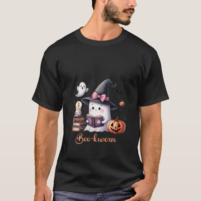 Womens Book Coquette Bow Ghost Witch Hat Halloween T-Shirt (Front)