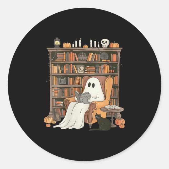 Womens Bookish Ghost Haunted Library Cat Bookworm  Classic Round Sticker (Front)