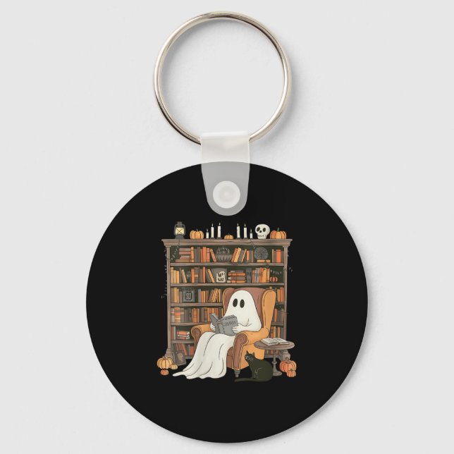 Womens Bookish Ghost Haunted Library Cat Bookworm  Key Ring (Front)