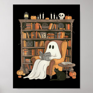 Womens Bookish Ghost Haunted Library Cat Bookworm Poster