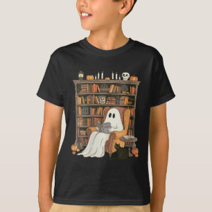 Womens Bookish Ghost Haunted Library Cat Bookworm T-Shirt