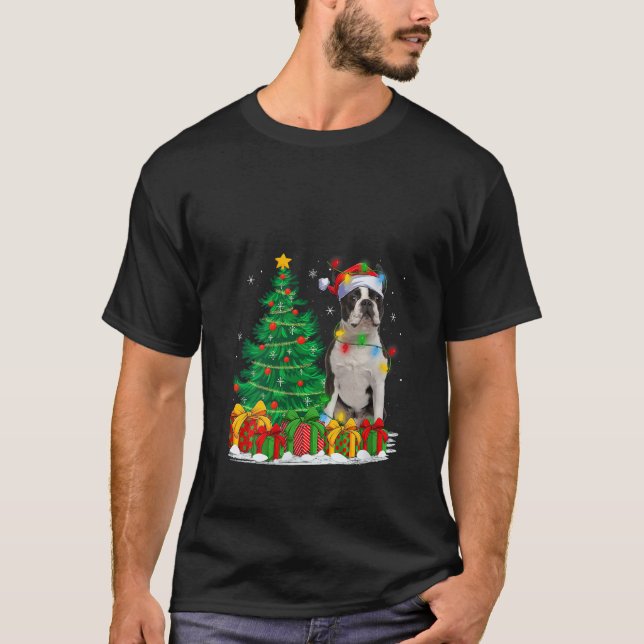 Womens Boston Terrier Dog Christmas Tree Lights Sa T-Shirt (Front)