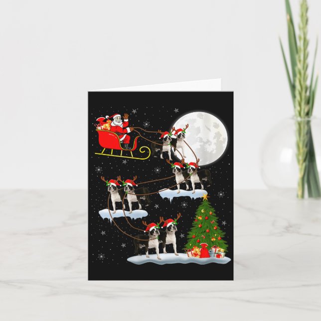 Womens Boston Terrier Dog Santa Sleigh Flying Funn Card (Front)