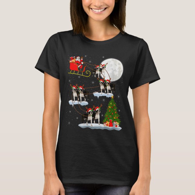 Womens Boston Terrier Dog Santa Sleigh Flying Funn T-Shirt (Front)