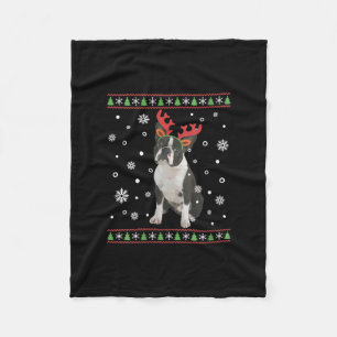 Womens Boston Terrier Xmas Ugly Christmas Sweater Fleece Blanket