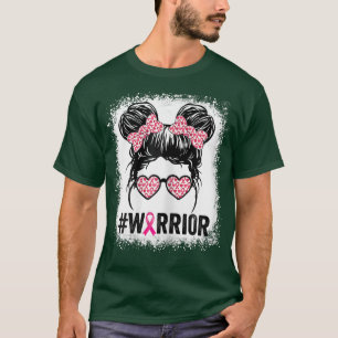 Womens Breast Cancer Warrior Messy Bun Leopard Ble T-Shirt