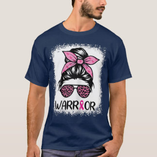 Womens Breast Cancer Warrior Messy Bun Leopard Ble T-Shirt