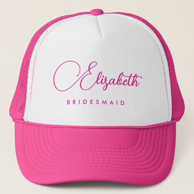 Womens Bridesmaid Bachelorette Party Name Hot Pink Trucker Hat (Front)