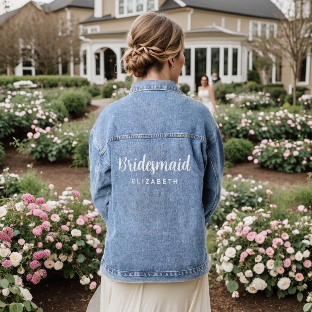 Womens Bridesmaid Wedding Bachelorette Typography Denim Jacket (Wedding Back)