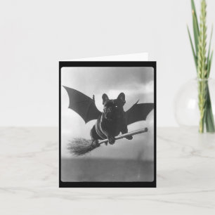 Womens British Bulldog Witch Broom Bat Wings Card