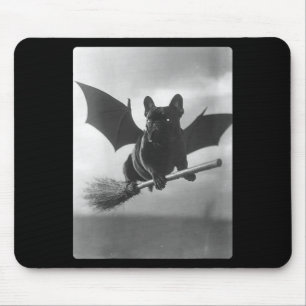 Womens British Bulldog Witch Broom Bat Wings Mouse Pad