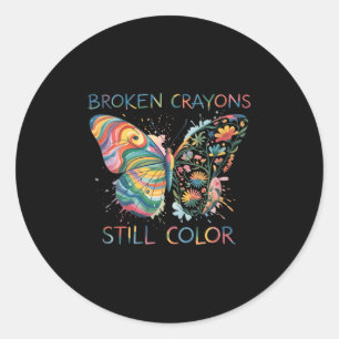 Womens Broken Crayons Still Color Rainbow Butterfl Classic Round Sticker