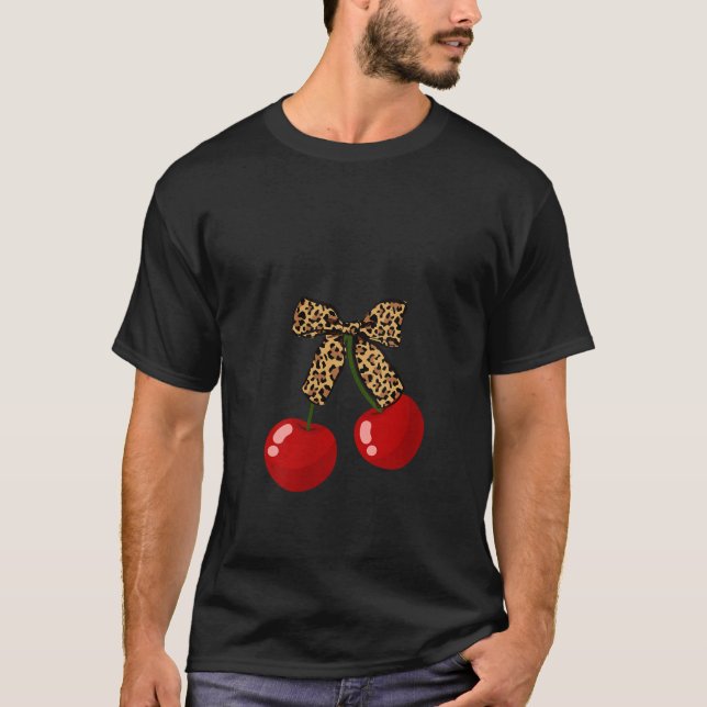 Womens Cherries with leopard coquette bow girl aes T-Shirt (Front)