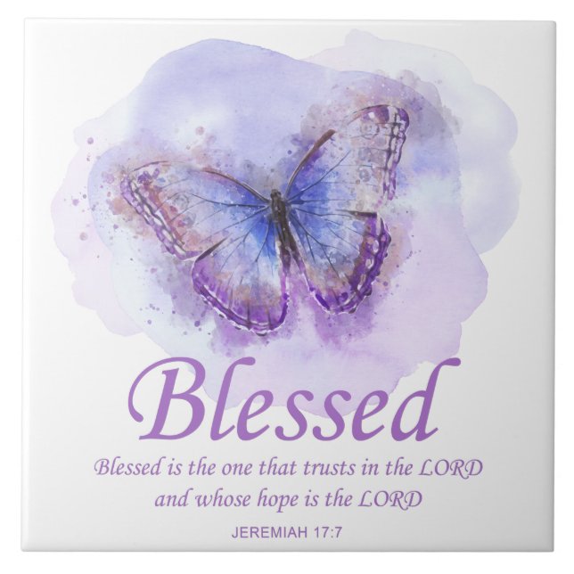 Women's Christian Bible Verse Butterfly: Blessed Ceramic Tile (Front)