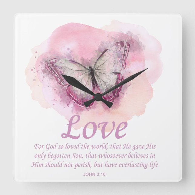 Women's Christian Bible Verse Butterfly: Love Square Wall Clock (Front)