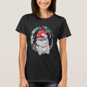 Women's Christmas Cat Floral Xmas Tree Funny T-Shirt