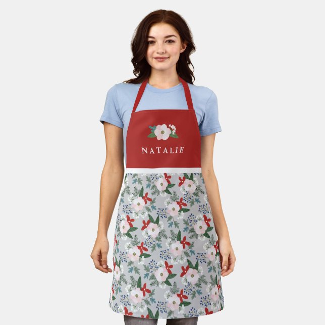 Womens Christmas Floral Pattern Name Red Apron (Worn)