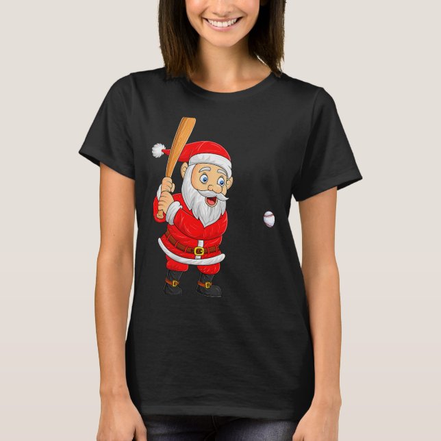 Womens Christmas Santa Playing Baseball Xmas Funny T-Shirt (Front)