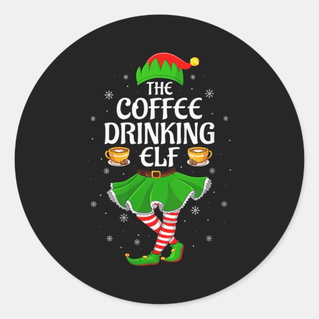 Womens Coffee Drinking Elf Christmas Girls Women E Classic Round Sticker (Front)