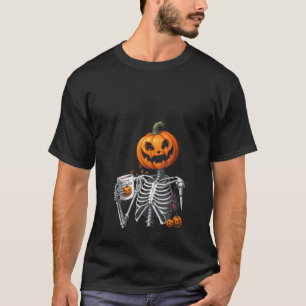 Womens Coffee Drinking Skeleton Pumpkin Halloween  T-Shirt