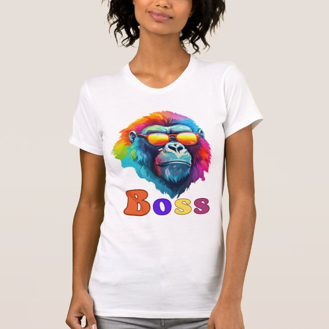 Womens, Colourful Boss Gorilla Head T-Shirt (Front)