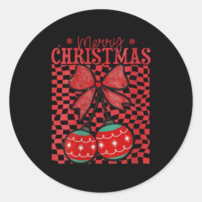 Womens Coquette Bow Christmas Cherries Merry Chris Classic Round Sticker (Front)